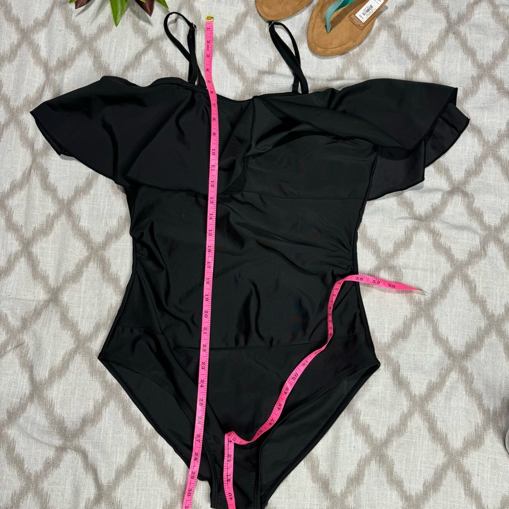 Flattering Black Off-Shoulder Ruffle Swimsuit Ruched Tummy Control One-Piece - Picture 6 of 10